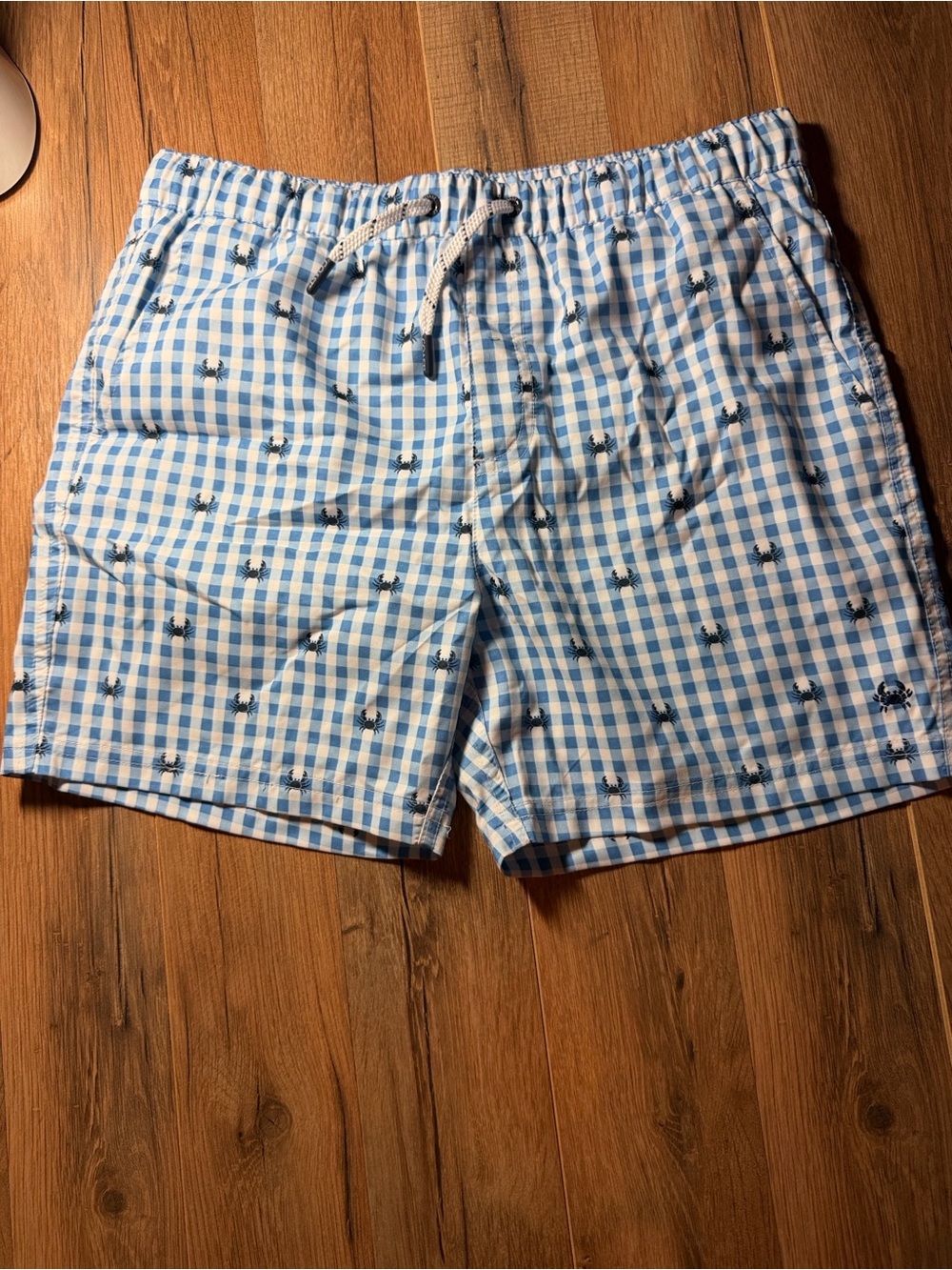 Light Blue Gingham Boy’s Swim Shorts with Embroidered Crabs